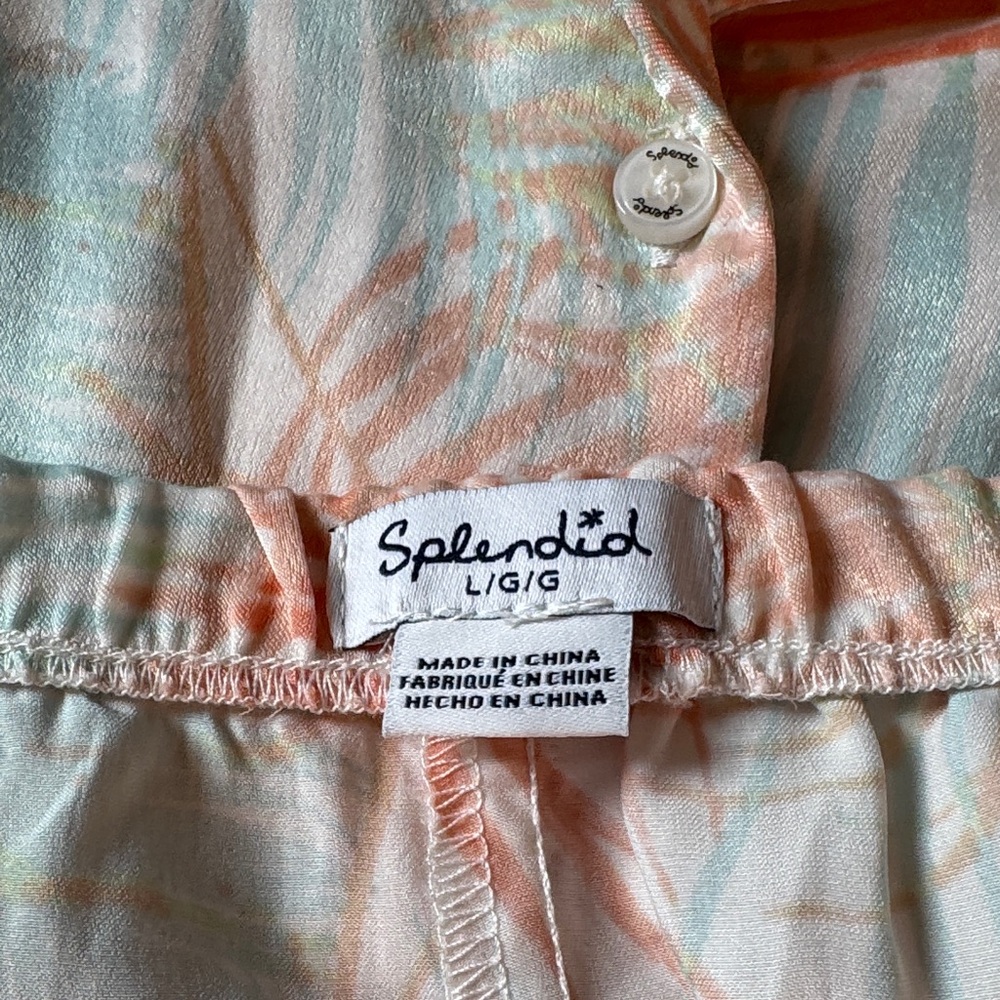 Splendid Two-Piece Palm Print Pajama Set in Coral and Light Blue - Picture 4 of 4